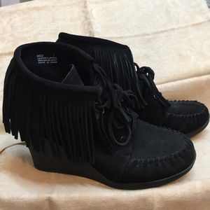 suede heeled booties with fringes